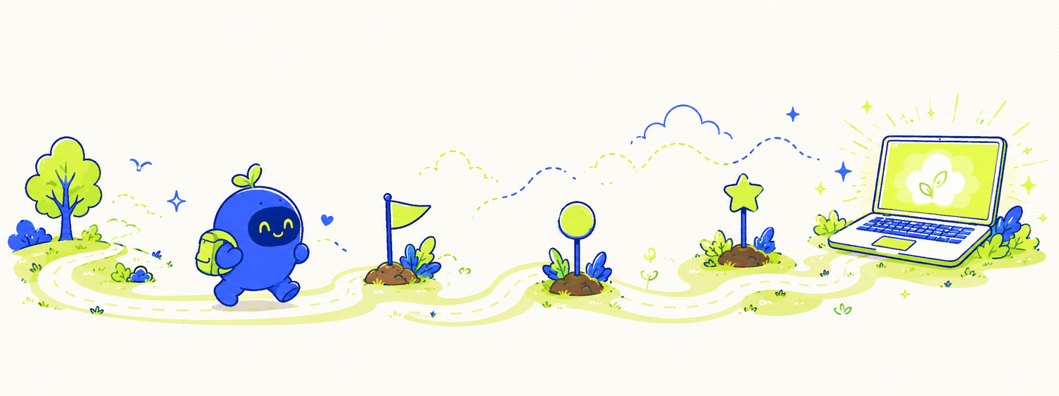 基礎から始め、マイルストーンを越えて自分専用OS（ゴール）まで進む学びの道のりのイラスト